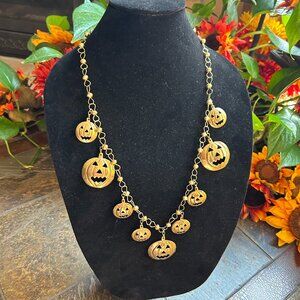 Antiqued Bronze Tone Halloween Necklace w/Jack-O-Lanterns